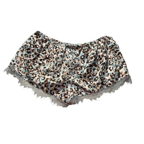 Midnight Bakery Teal Brown & Black Leopard Print Silky Sleep Shorts W/ Lace Trim - Picture 2 of 5